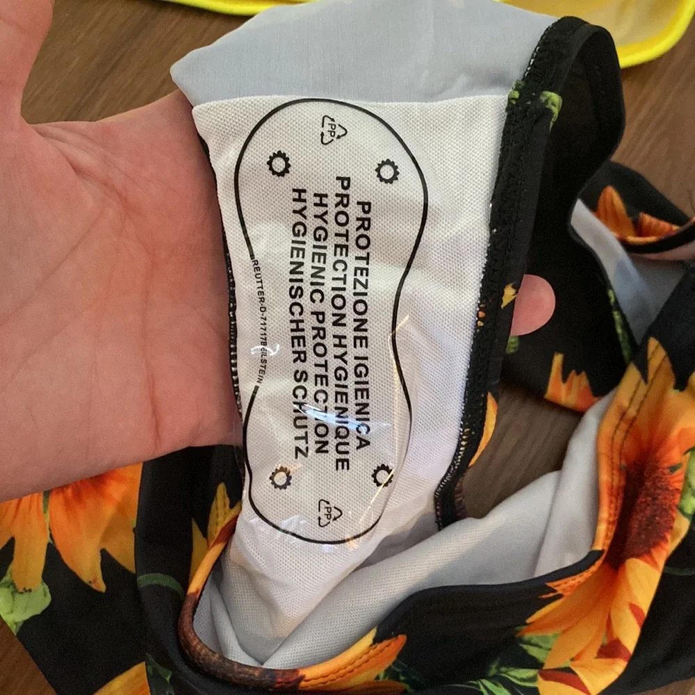 Sunflower Bikini Swimsuit Size Small black yellow bustier padded full high waist